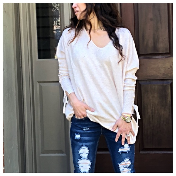 Sweaters - Paris Oatmeal V neck tie up sleeves detail sweater